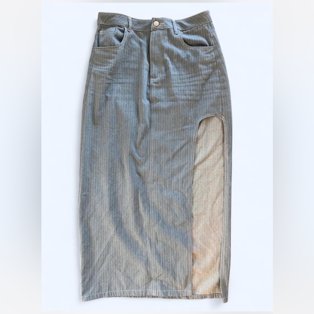 Stylish Denim Pinstripe Midi Slit Skirt